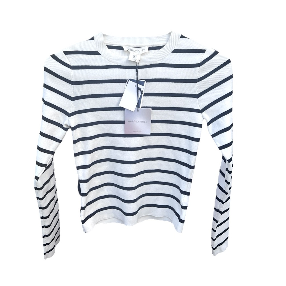 Happily Grey White & Black Striped Womens Long Sleeve Blouse Fits Like XS